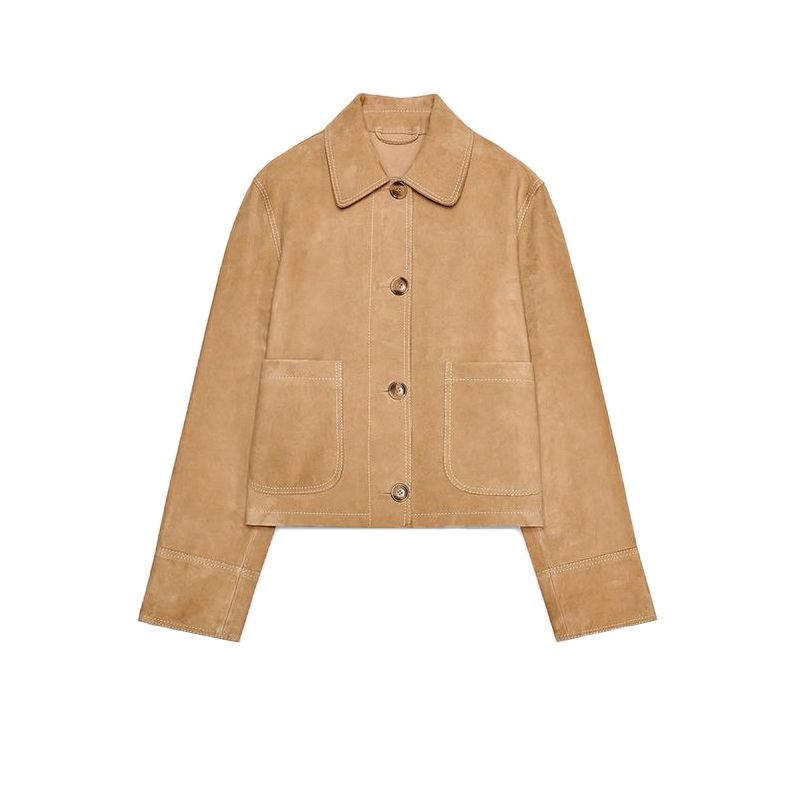 

Women s Spring Clothing Single-Breasted Stickers Pocket Decoration Long Sleeves Lapel Elegant Suede Textured Leather Outwear 2521043 Tan L