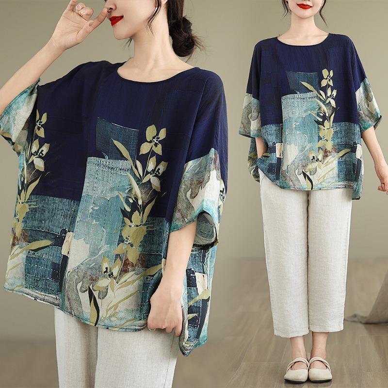 Letnia bawełniana lniana bluzka w stylu etnicznym z luźnym dużym rozmiarem, z okrągłym dekoltem, damska koszulka z krótkim rękawem