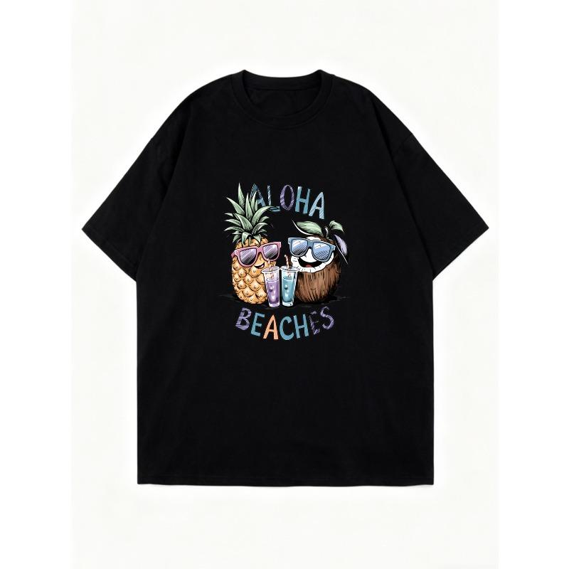 Oversized T Shirt Dress Black Aloha Beaches Pineapple And Coconut With Sunglasses Print Summer Vacation Wear