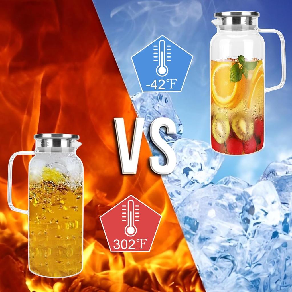 68 Oz Glass Pitcher, BOQO 2 Liter Glass Carafe for Fridge, Glass Water Jug for Hot/Cold Beverages,Iced Tea Pitcher, Large Clear Glass Water Pitcher