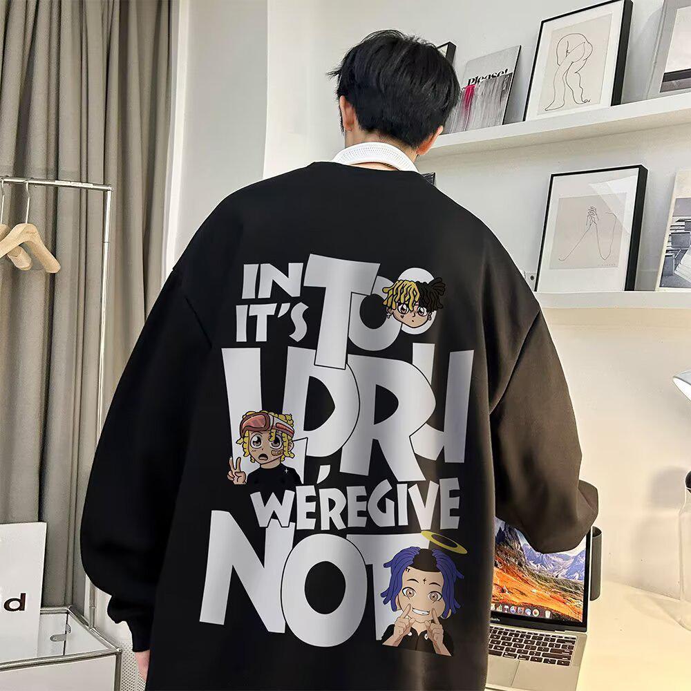 Men s Autumn Trend Loose-Fit Long Sleeve Pullover Hoodie with Versatile Round Neck 5XL чёрный