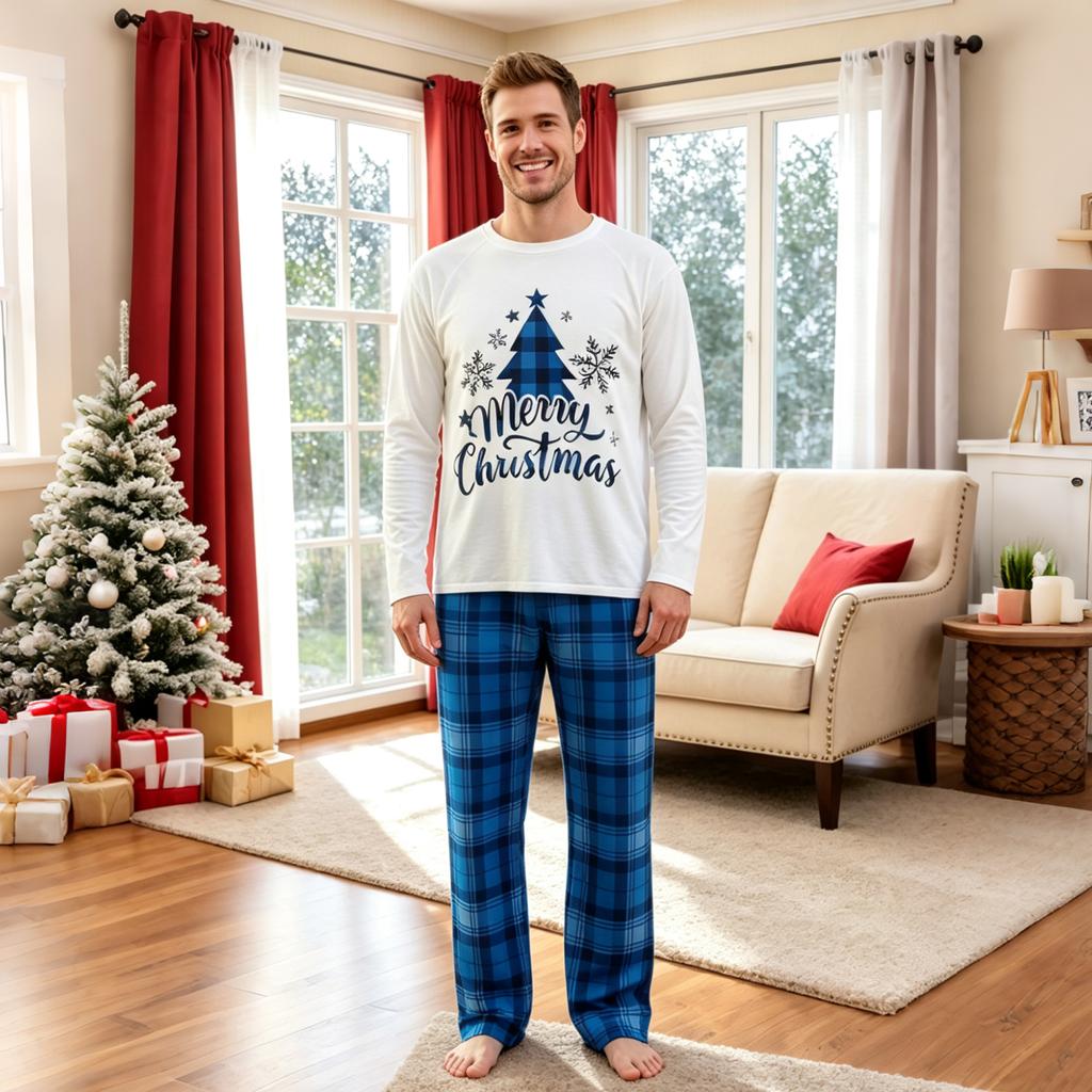 Family Matching Christmas Printed Plaid Set with Long Sleeve Top and Pants for Parents and Kids