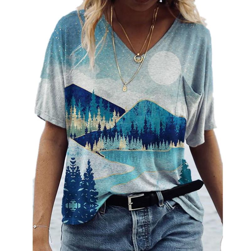 Loose V-neck Short Sleeved Summer Youth Women's 3D Printed T-shirt