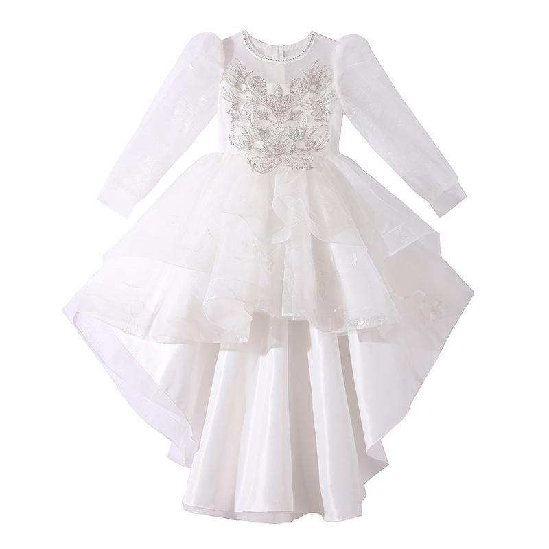 Children's High-End White Sequin Princess Dress - Short Front, Long Back, Perfect for Piano Performances, Weddings, and Autumn Flower Girl Events