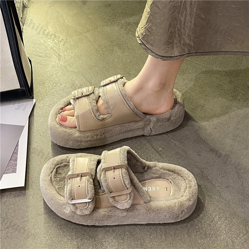 Women's Platform Plush Shoes Autumn Winter Leather Buckle Casual Shoes Height Increase Outdoor Non Slip Cotton Slippers