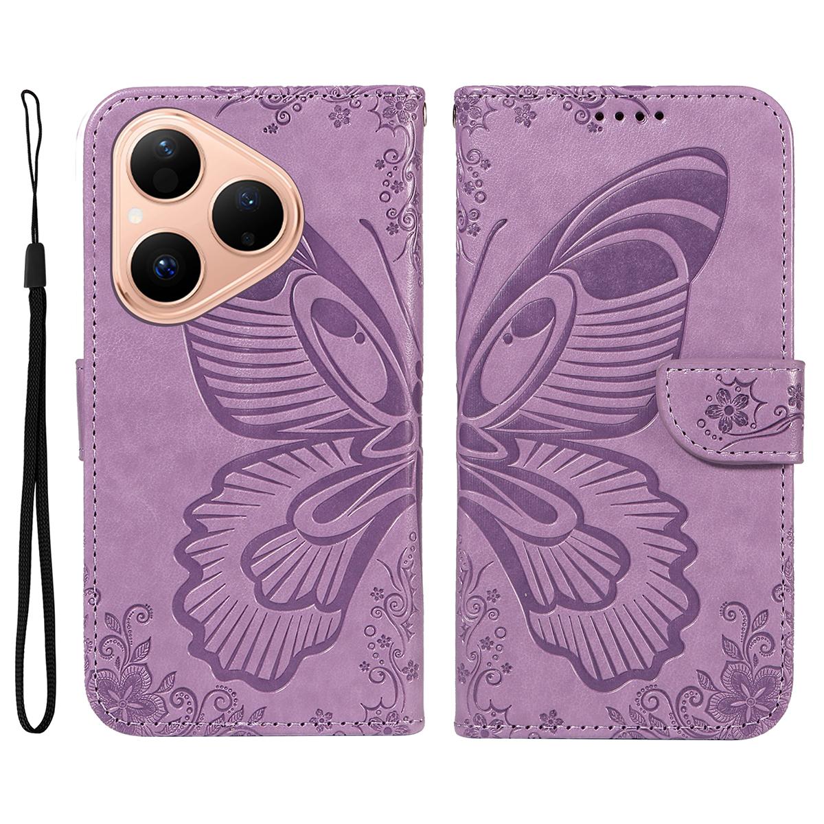 

For Huawei Pura 80 Case Butterfly Pattern PU Leather Folio Flip Phone Cover Light Purple