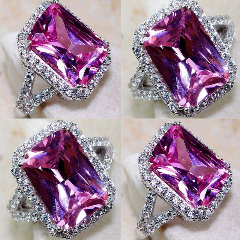Elegant Pink Sapphire White Topaz Silver Plated Ring With Square Red Corundum