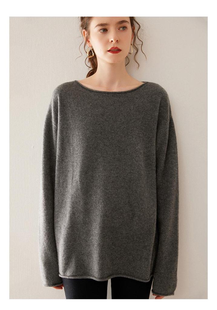 Women's Long Sleeve One-Shoulder Cashmere Knit Sweater - Mid-Length, Rolled Edge, Autumn/Winter Collection