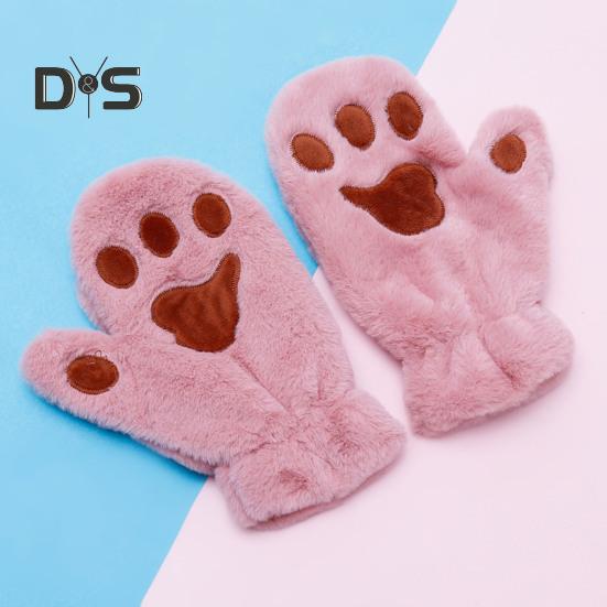 1 Pair Women Winter Mittens Cartoon Cat Paw Shape Thick Plush Anti-slip Heat Retention Outdoor Skiing Cycling Gloves