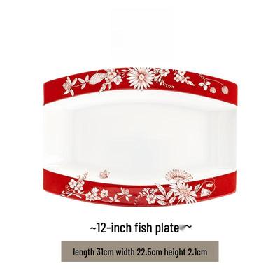 Chinese Wedding Red Floral 12-inch Fish Plate