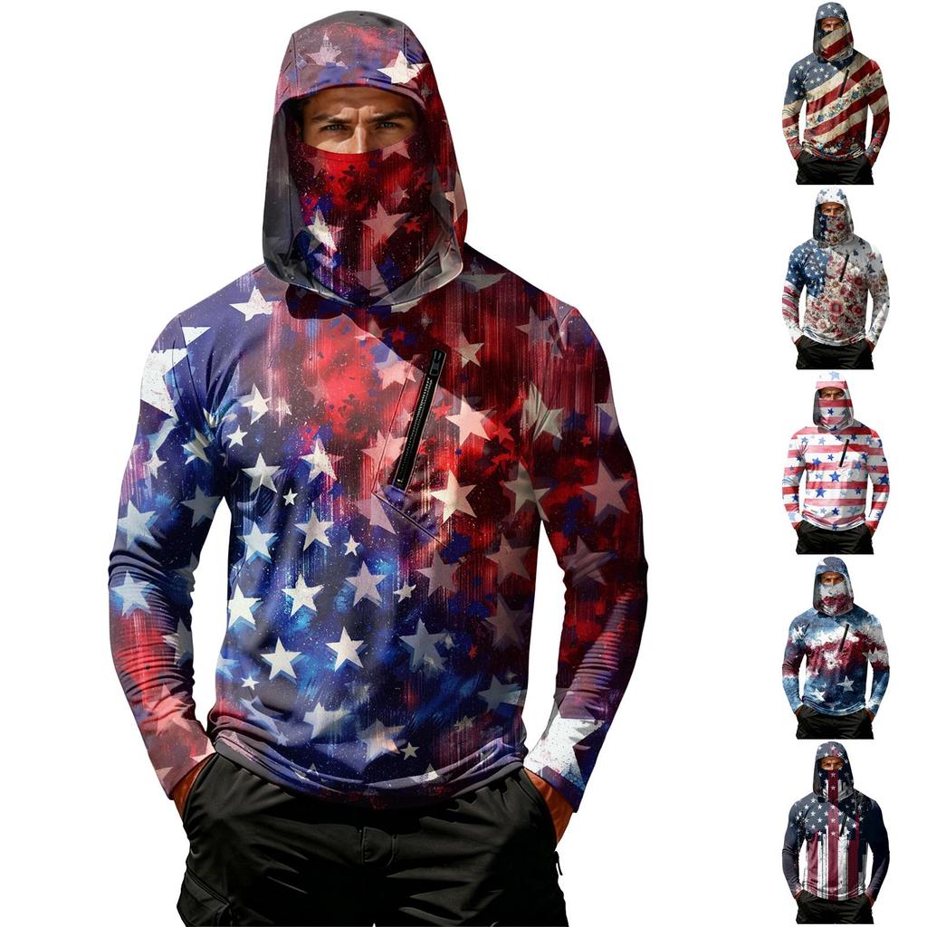 Top Casual de Manga Larga con Capucha para Hombre con Estampado de Bandera del Día de la Independencia Ligero Pulóver para Actividades al Aire Libre