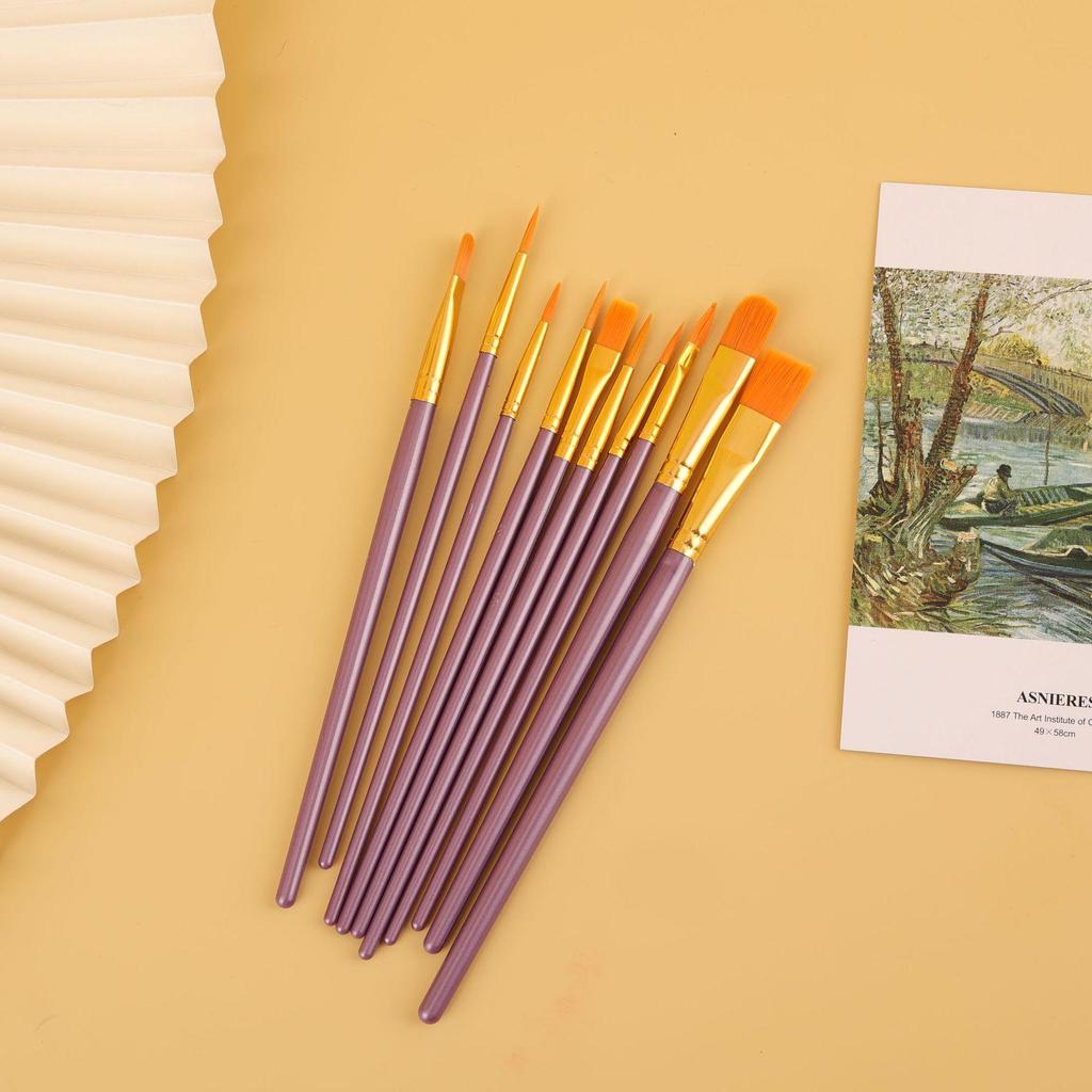 10-Piece Pearlescent Plastic Handle Oil Paint Brush Set for Watercolor and Fine Art