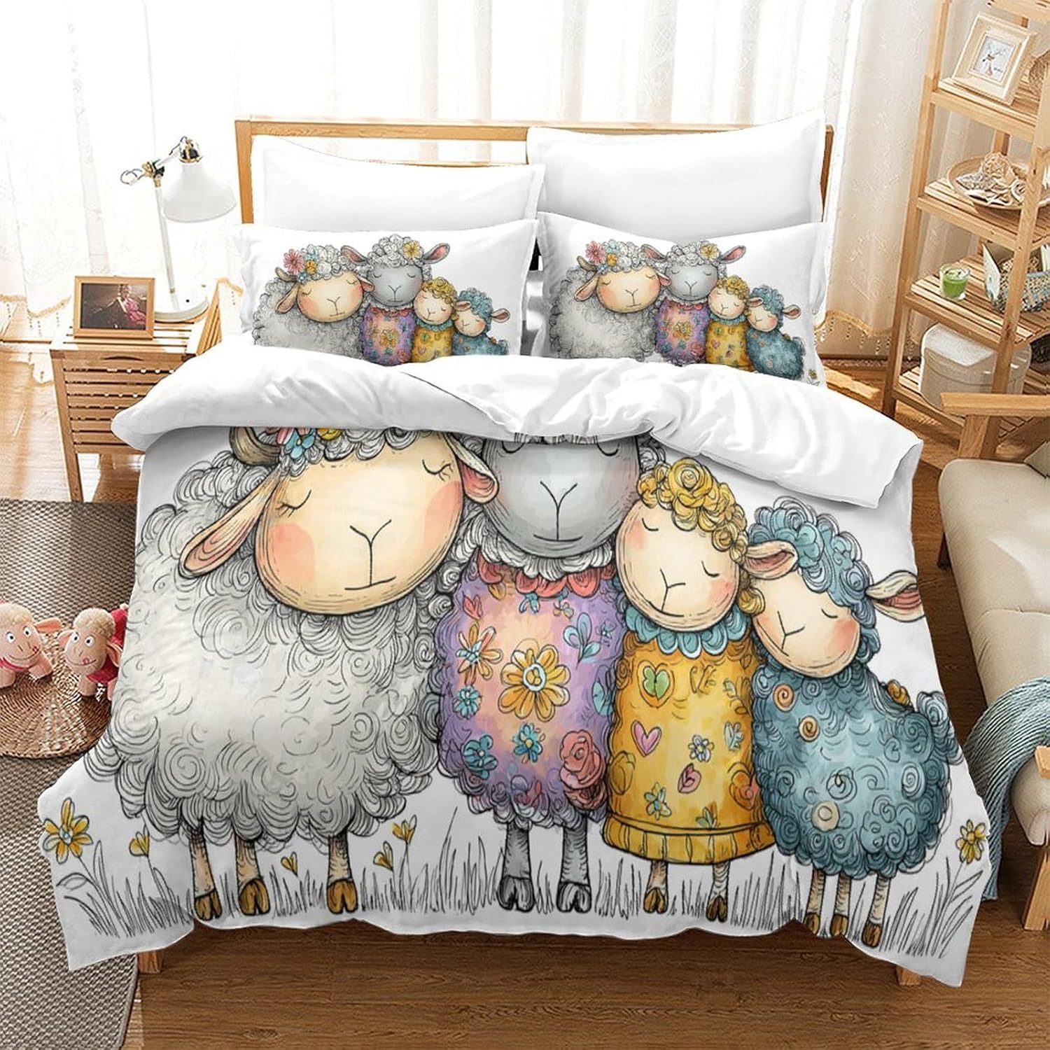 

3D Print Soft Microfibre Cute Sheep Family Comforter Cover All Season Bedding Set with Pillowcases, Cartoon Duvet Cover Sets 135x200cm