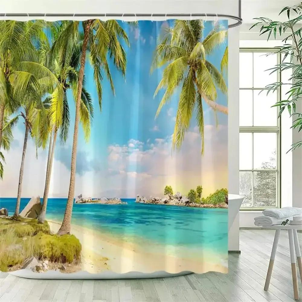 Zasłona prysznicowa Ocean Landscape Beach Palm Trees Papugi Delfiny Fale morskie Krajobraz natury Zasłony do kąpieli Tkanina Wystrój łazienki