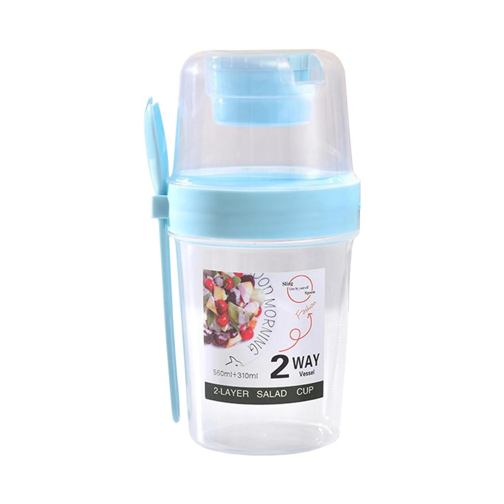 Double Layer Plastic Salad Cup with Spoon Lid Breakfast Cup Yogurt Cereal Overnight Oatmeal Sealed with Fork Portable Light Food