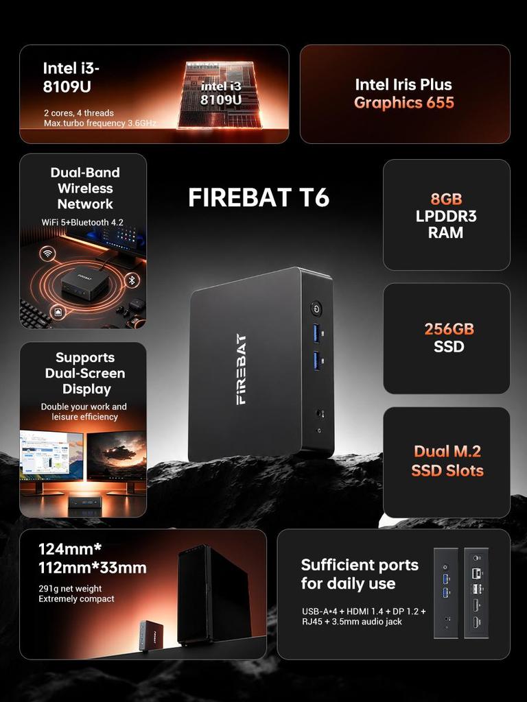 FIREBAT T6 Mini PC  Intel Core i3-8109U 8GB LPDDR3 256GB M.2 SATA SSD Dual 4K Display (HDMI + DP) Dual Band WiFi BT 4.2 Gigabit LAN