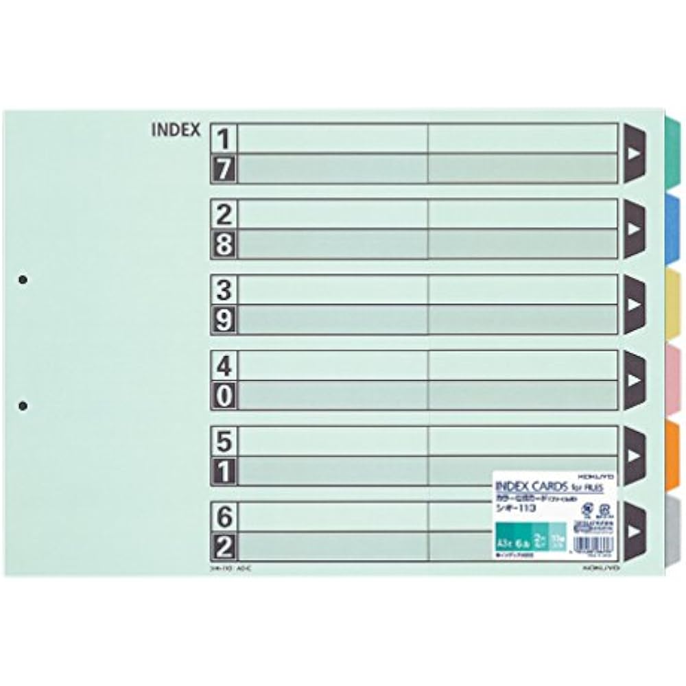 KOKUYO (KOKUYO) File Index Color Divider Card for Files, 6 Mountain Heading, 2 Holes, A3 Horizont...
