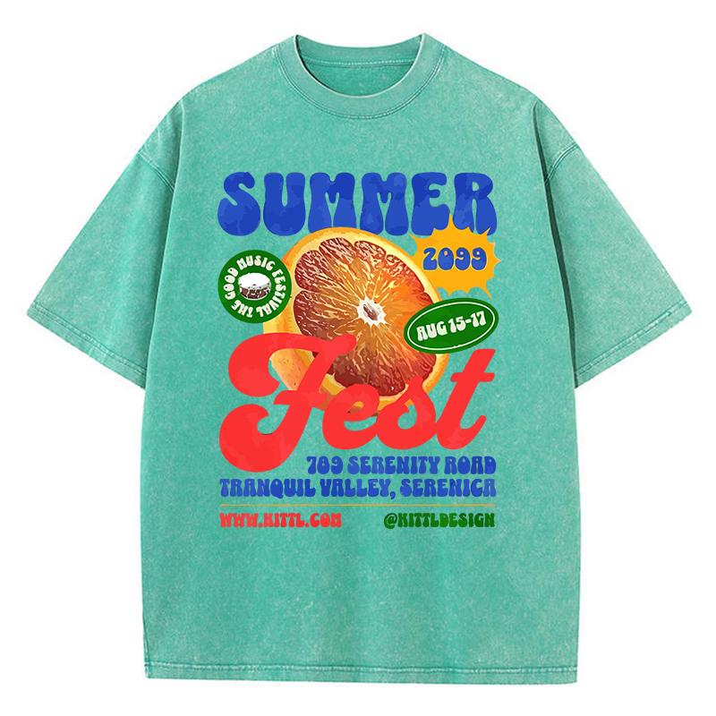 Cotton Women Washed T-Shirts Summer Fresh Orange Printed Tee Shirts Comfortable Crewneck Oversized Tops Clothes