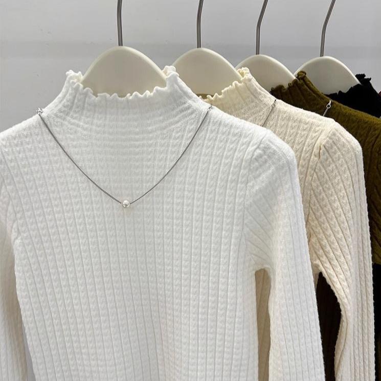 Half-high Collar Wooden Ear Knitted Shirt Autumn and Winter Pure Color Purlin Sweater Slimbase Inner Top