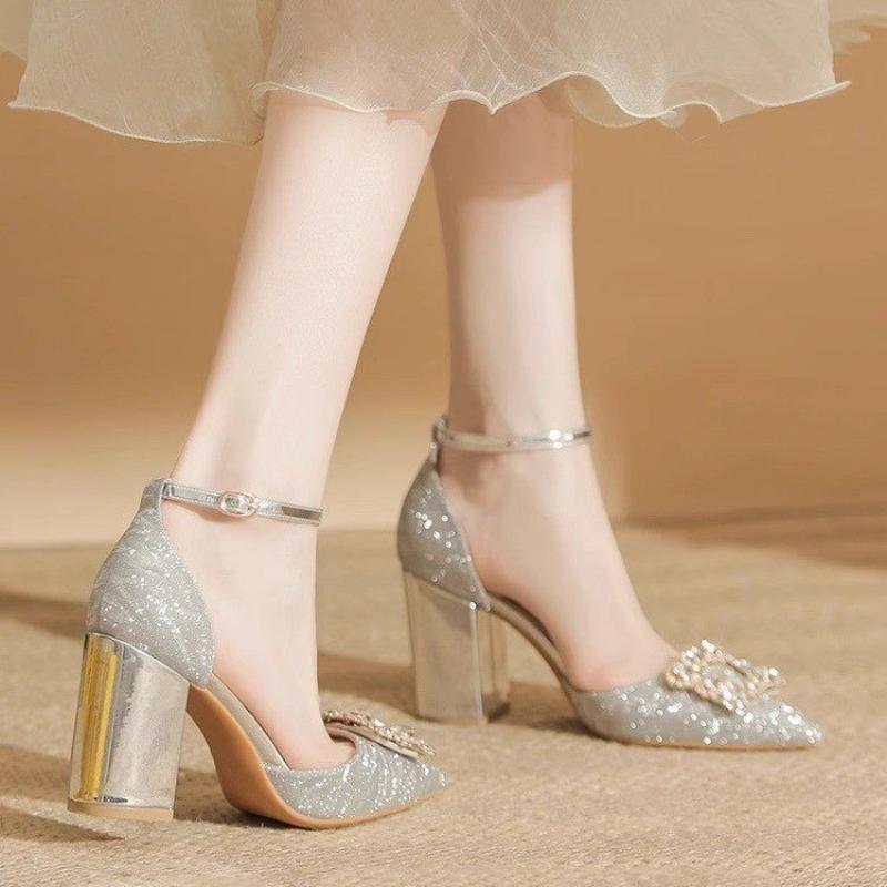 Fashion Women's Block Heel Sandals Summer New Pointed Toe Shallow Slip Rhinestone Square Buckle Strap Bag Heel Pump