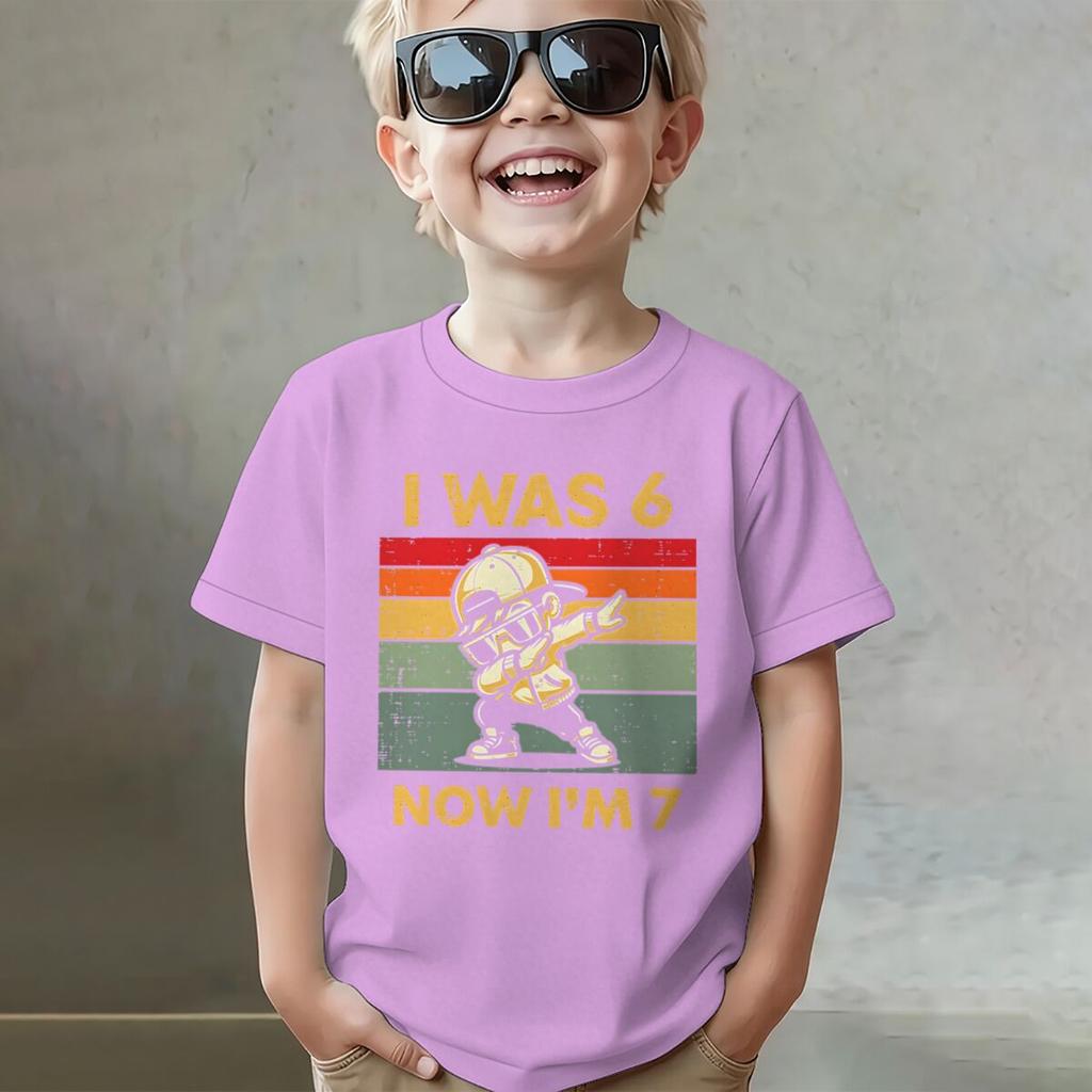 Kids Seven Year Old Cotton T-shirt Tops I Was 6 Now I'm 7 Birthday Funny 7th B-day Gift for Boy 67 Meme Birthday Cotton Tee