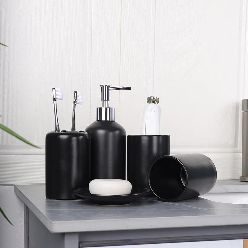 Bathroom Accessory Black with Toothbrush Holder Toothbrush Cup Tumbler Soap Dispenser Soap Dish and Tray