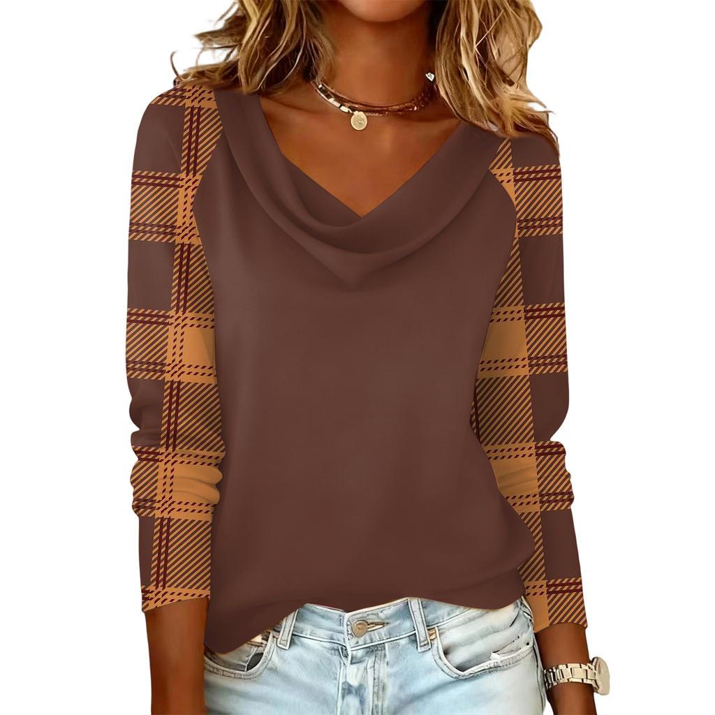 Ladies' Plaid Printed Casual and Fashionable Long Sleeved Pullover Top