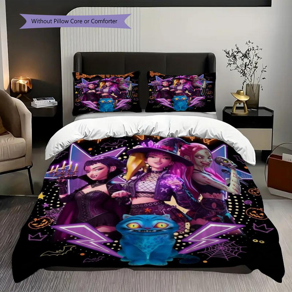 Kpop Demon Hunters Action Three-piece set (1 * duvet cover + 2 * pillowcase, without core) 2D Flat Soft and comfortable Bedding set