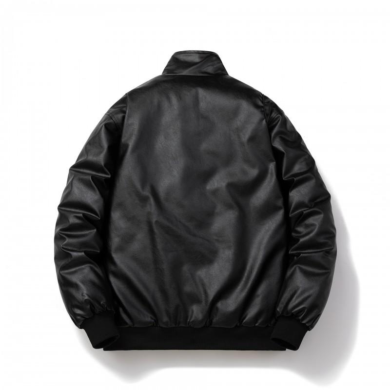 Mens PU Leather Jacket Winter Slim Fit Stand Collar Casual Biker Coat With Side Pockets