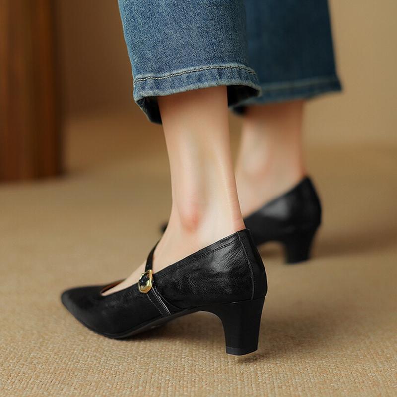Fashion NEW Spring/Autumn Women Pumps Genuine Leather Shoes for Women Pointed Toe Thin Heel Shoes Cocise Black High Heels Mary Janes