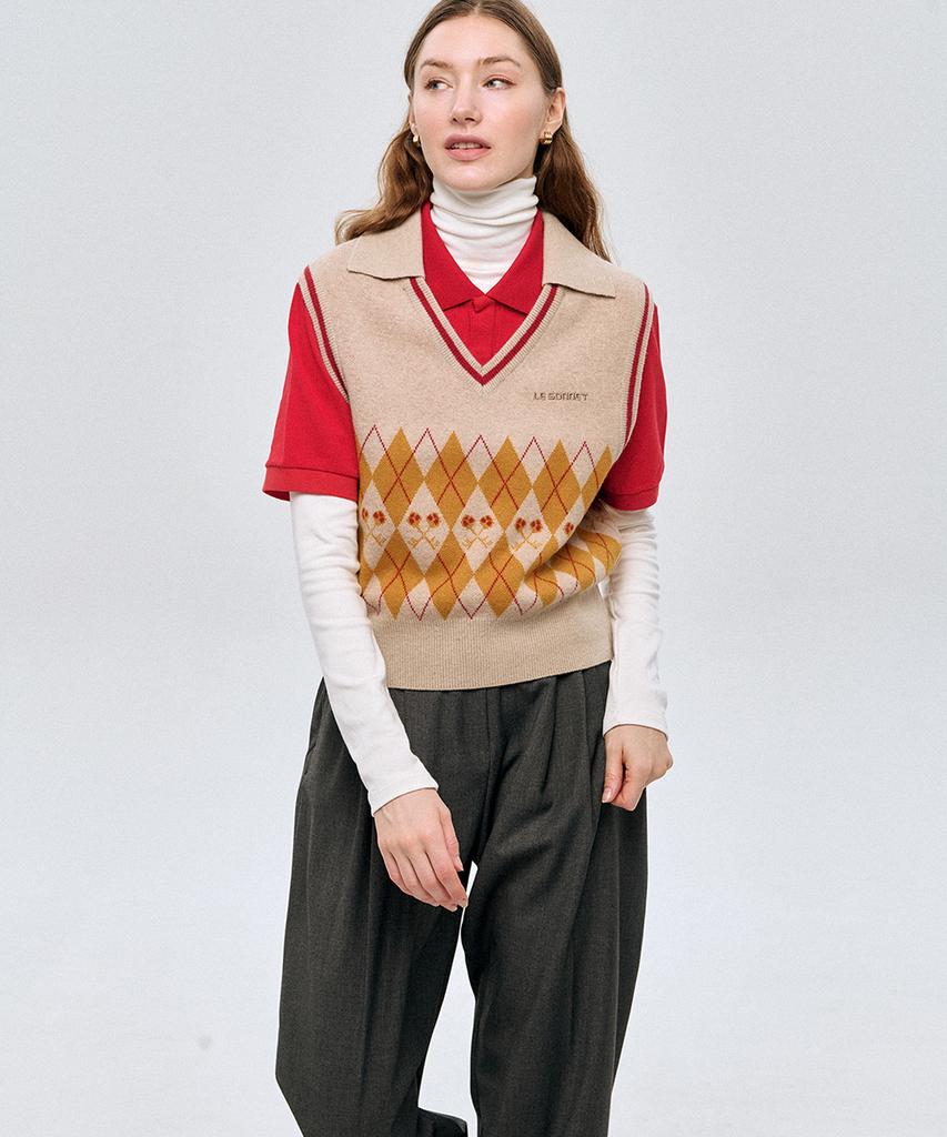 Lesonnet Logo And Argyle Knit Vest Beige