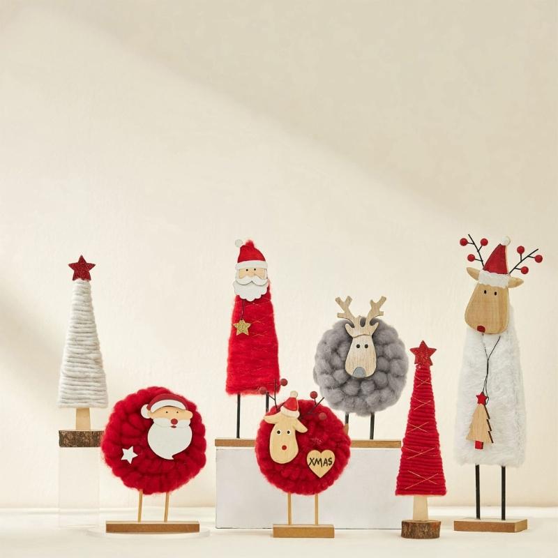 Soft Felt Cloth Santa Clause Reindeer Ornament with Wood Base Plush Wool Felt Christmas Figure Decoration For Tabletop