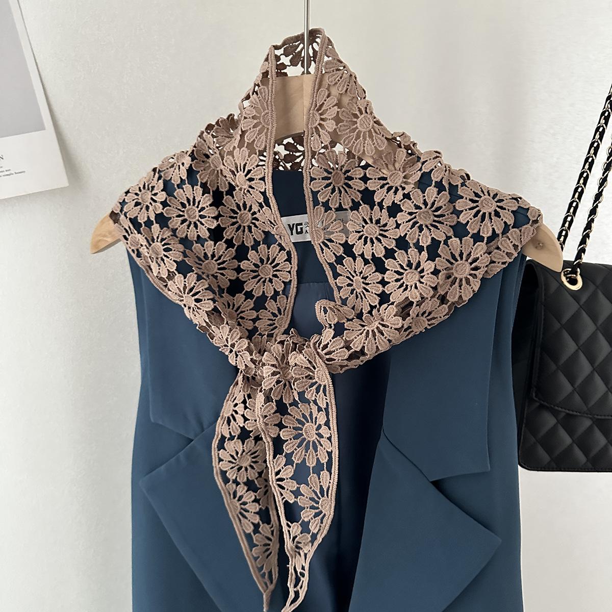 Hollow Lace Shawl Spring Summer Retro Fashion Versatile Triangle Scarf Lace Floral Triangle Scarf Solid Color Neckerchief Wraps One Size