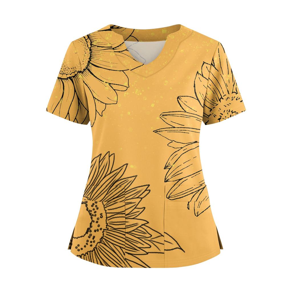 Damen locker kurzärmlig modisch geometrischer Druck von Pflanzen und Blumen Druck V-Ausschnitt knopfbar Seitenschlitz Oberteil T-Shirt
