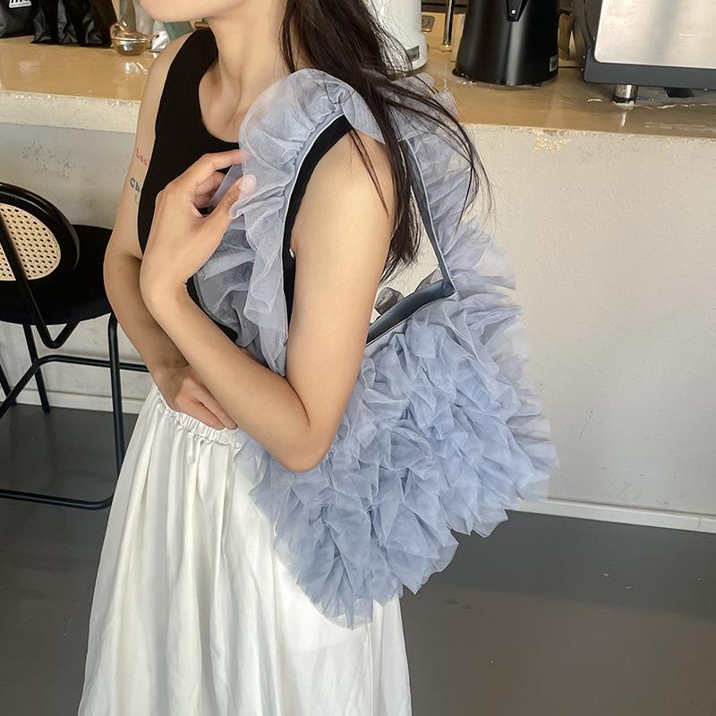 Ruffled Yarn Shoulder Bag Tulle Lace Tote Bag Pleated Underarm Bag Solid Color Tote Purse for Women Work Shopping Travel