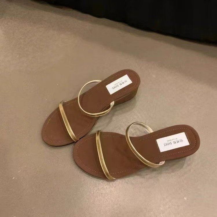 Thin Strap French Sandals Sandals Versatile Soft Leather Wedge Heel One Word Cool Slippers Women's Shoes Wear New In Summer 2025