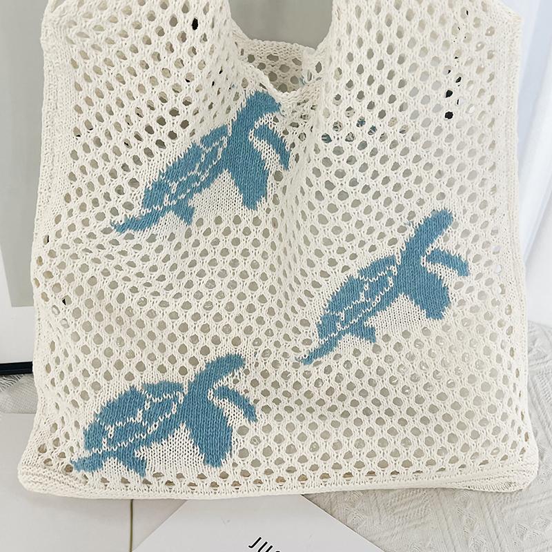 Women's Lightweight Foldable Beach Tote Bag Animal Print Hollow Weave Crochet Design Shoulder Bag for Travel Shopping & Casual Outings KTY