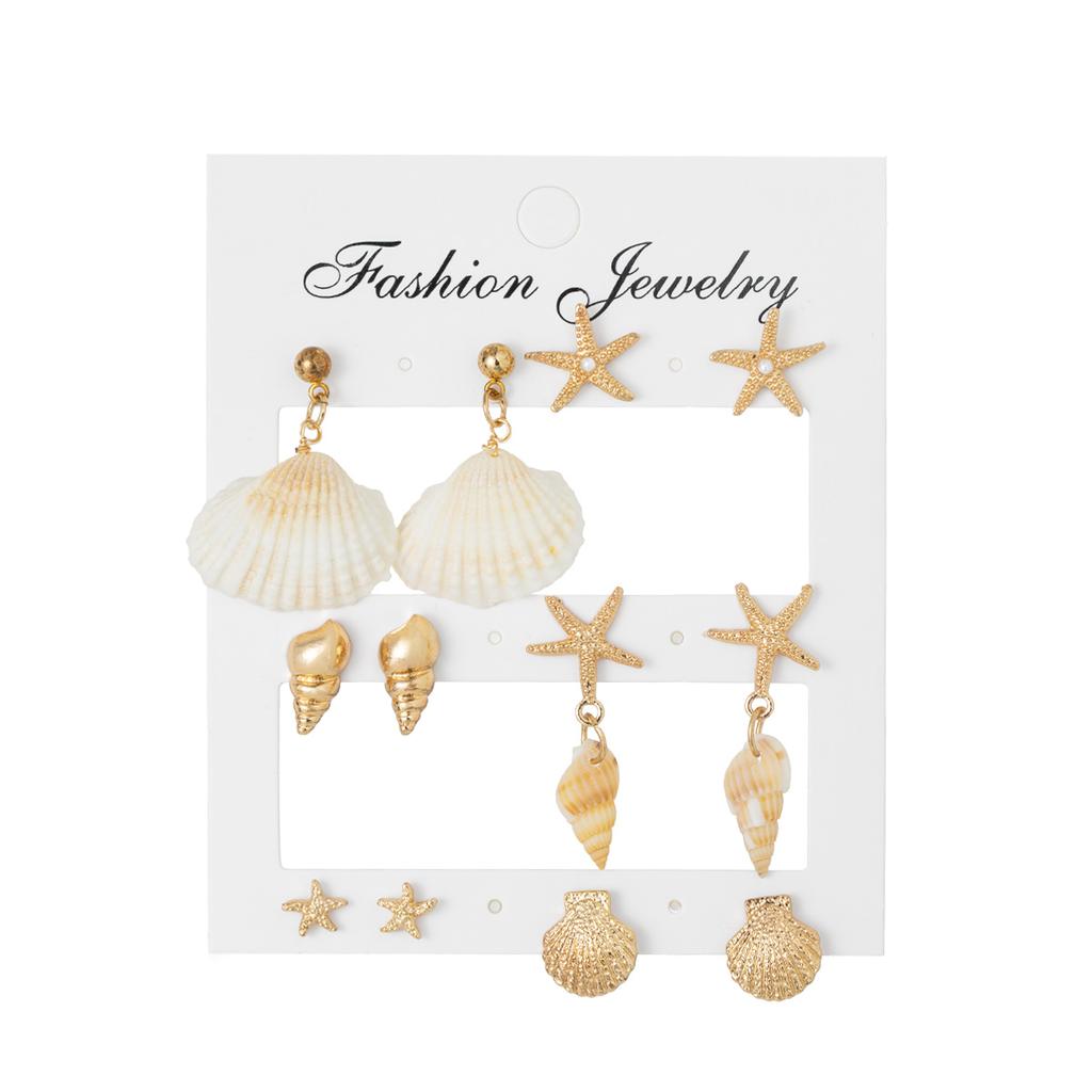 6 Pairs of Women's Ocean Style Shell & Starfish Earring Set, Summer Vacation Style Natural Conch Earrings