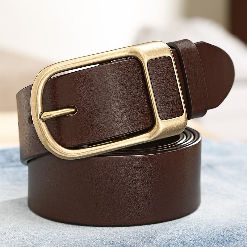 Men'S Belt First Layer Cowhide Copper Buckle Leather Belt Middle-Aged And Young Leisure Simple Pin Buckle Business Jeans Belt