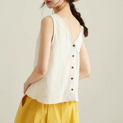 Women Clothing Vintage Simple Causal Vacation with Buttons Linen Tank Tops Summer Female V Neck White Loose Sleeveless Vest