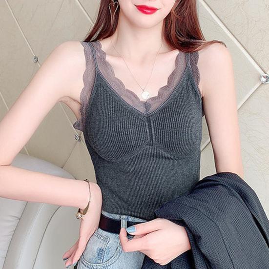 Gilet Termico da Donna con Bordo in Pizzo Foderato in Peluche Scollo a V Senza Maniche Filo Tinta Unita Vestibilità Slim Elastico con Imbottiture sul Petto Sovrapposizione
