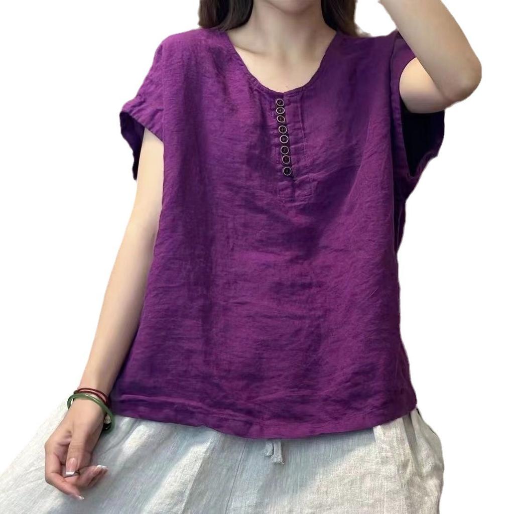 New Hot Season Style Literary Vintage High-end Solid Color Cotton and Linen Top for Women Loose Round Neck Casual Simple Short-sleeved Pullover
