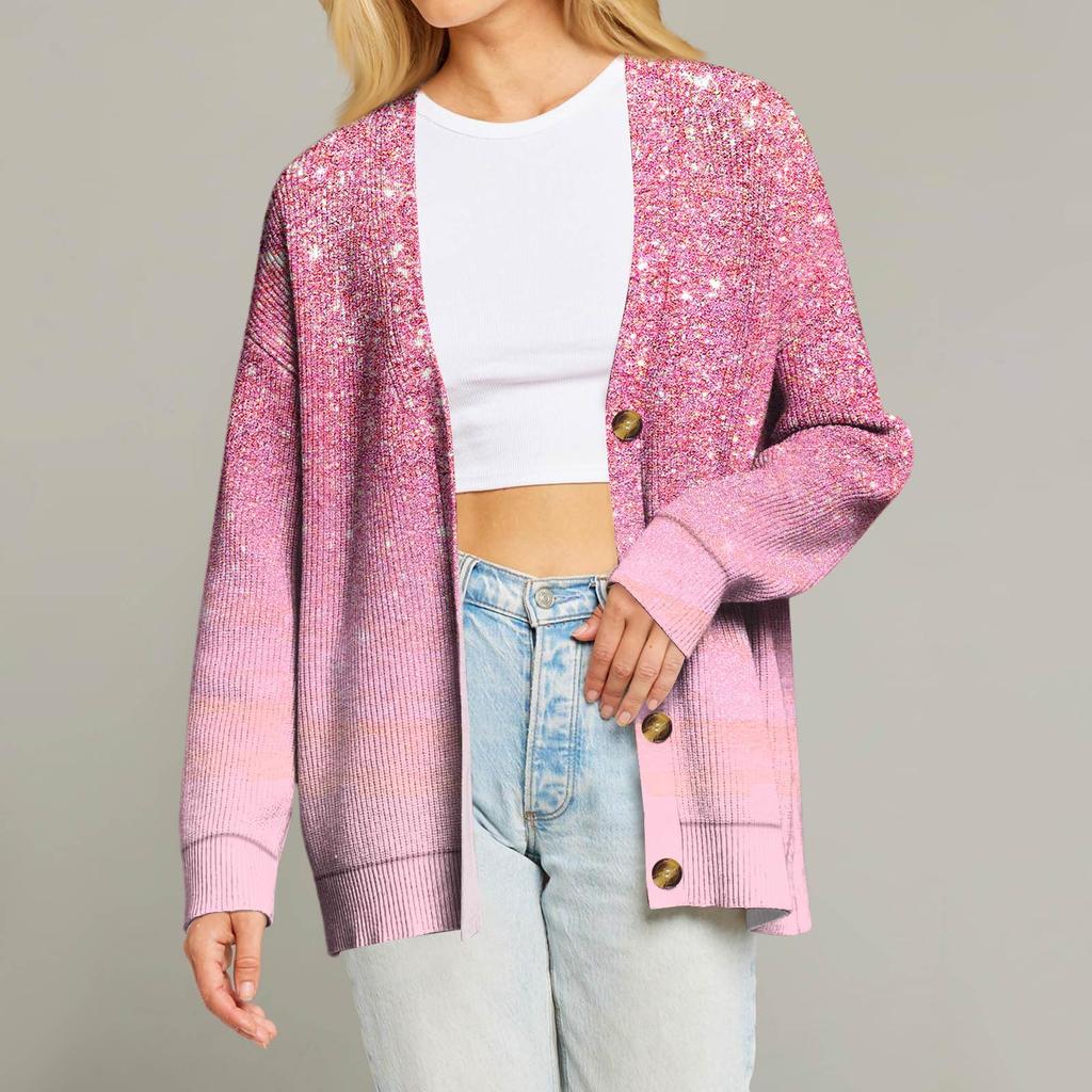 Women's Fashion Long Sleeve Christmas Print V-Neck Button Loose Cardigan Top