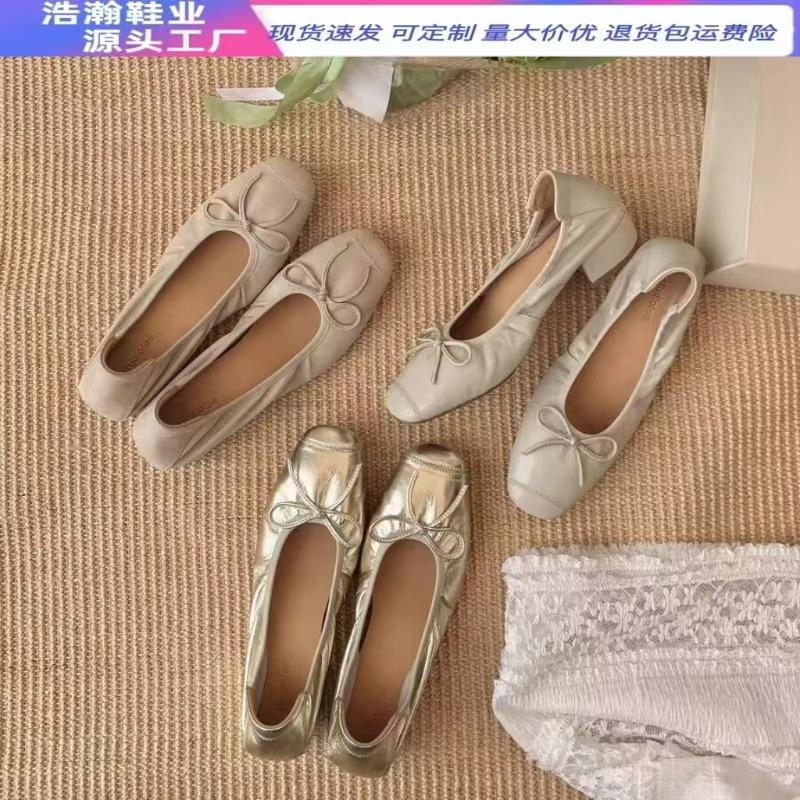 Spring and summer new thick heel square round head bow soft leather folds shallow mouth soft low ballet single shoes women