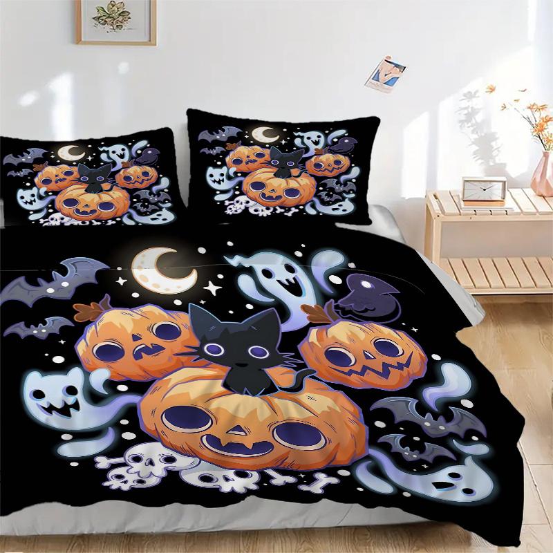 3pcs Halloween Theme Cat & Pumpkin Bedding Set - Includes 1 Quilt Cover and 2 Pillowcases, Comfortable Bedding with Stylish Design for Bedro