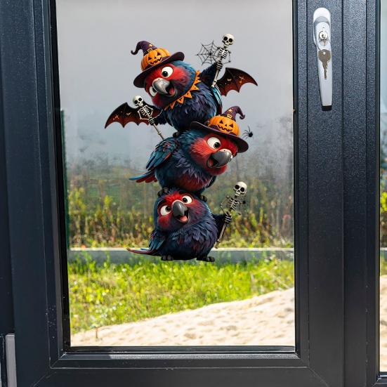 Static Glass Sticker, Traceless Reusable Window Decal, Halloween Bird Shapes Wizard Hat Crow Colorful Parrot Skull Spider Web Window
