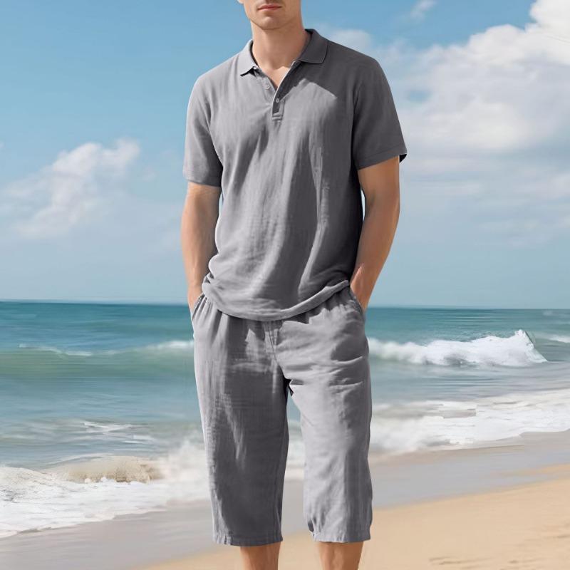 Mens Casual Two Piece Outfit Solid Color Polo Shirt And Capri Pants Set