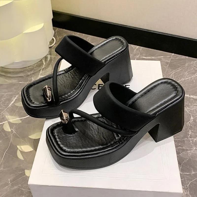 High Heels Women Slipper 2024 Summer Square Toe Woman Platform Sandales Women's Pumps Party Shoes Casual Black Sandalias Luxury