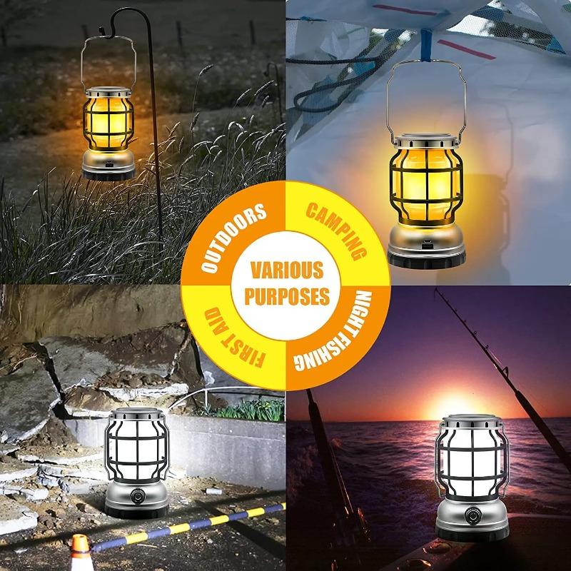 Solar Lantern Waterproof Camping Lantern Rechargeable Camping Light with Emergency Power Bank Flickering Flame Hanging LED Light