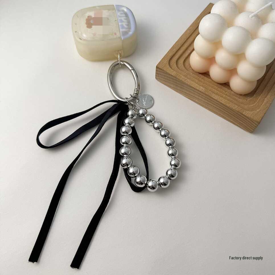 Korean-Style Bow Car Keychain with High-End Silver Bead Ribbon Pendant